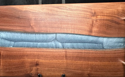 107 - Black Walnut with Silver Blue Epoxy River and Brushed Stainless Handles Charcuterie Board