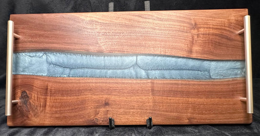 107 - Black Walnut with Silver Blue Epoxy River and Brushed Stainless Handles Charcuterie Board