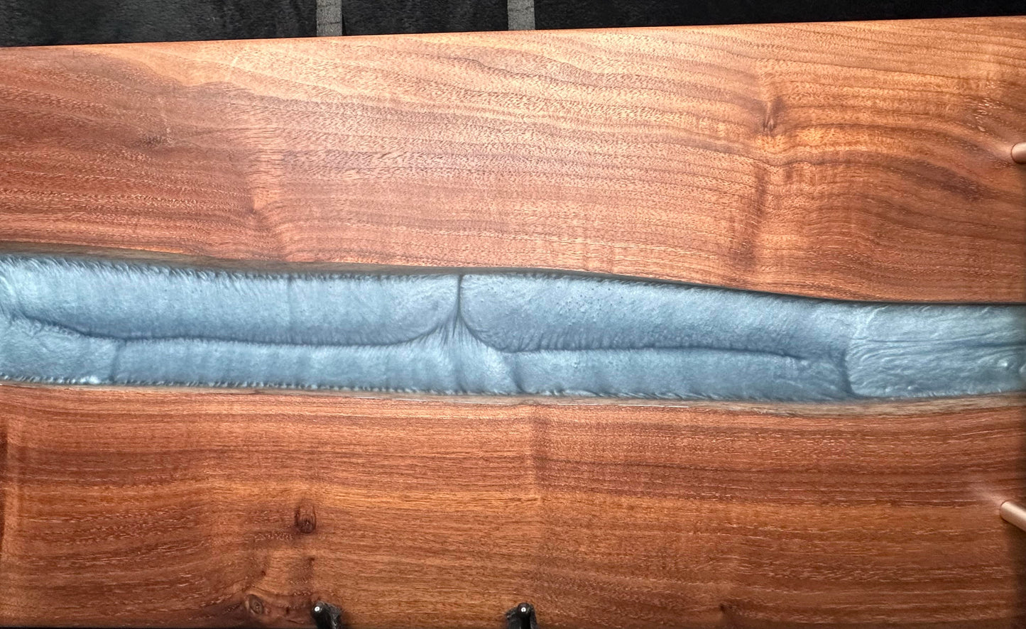 107 - Black Walnut with Silver Blue Epoxy River and Brushed Stainless Handles Charcuterie Board