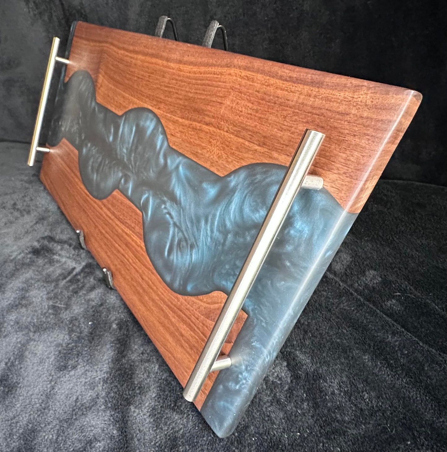 104 - Black Walnut with Slate Blue/Black Abstract Epoxy River Charcuterie Board
