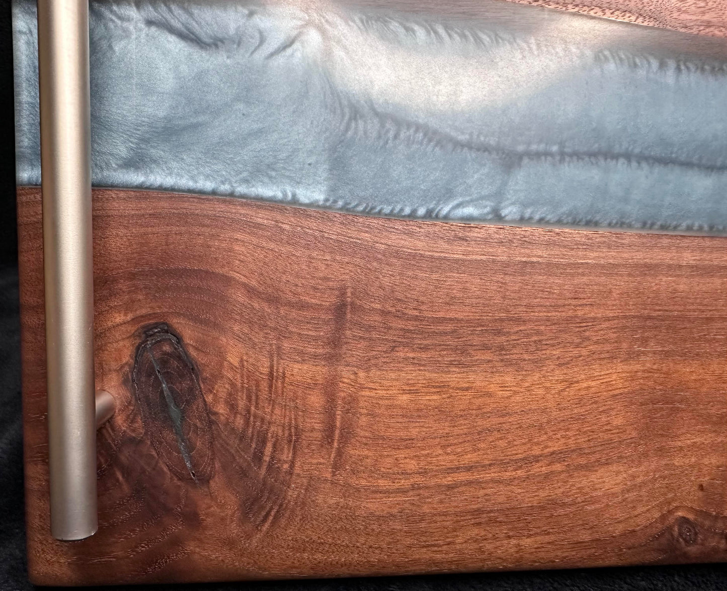 107 - Black Walnut with Silver Blue Epoxy River and Brushed Stainless Handles Charcuterie Board