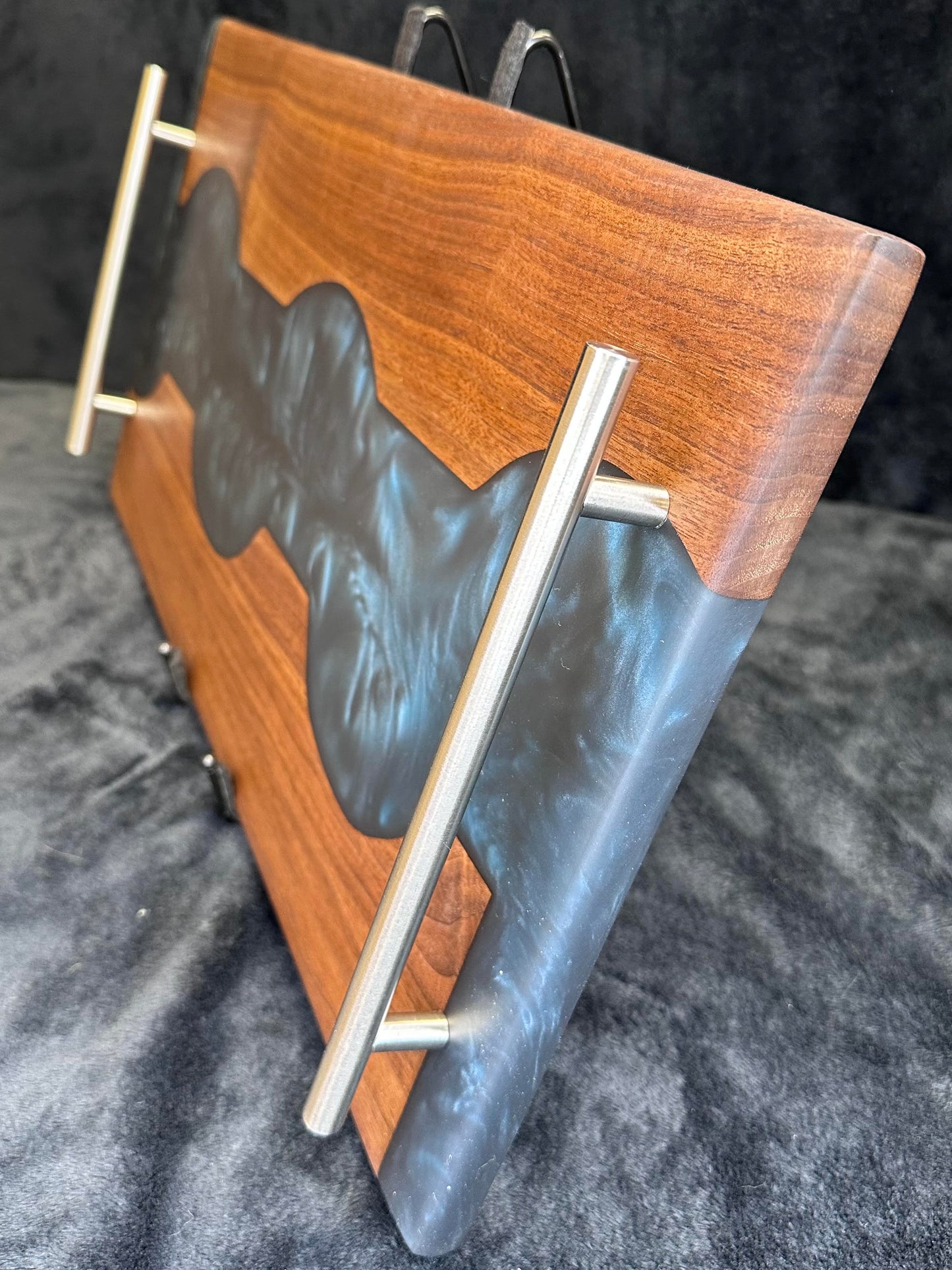 104 - Black Walnut with Slate Blue/Black Abstract Epoxy River Charcuterie Board