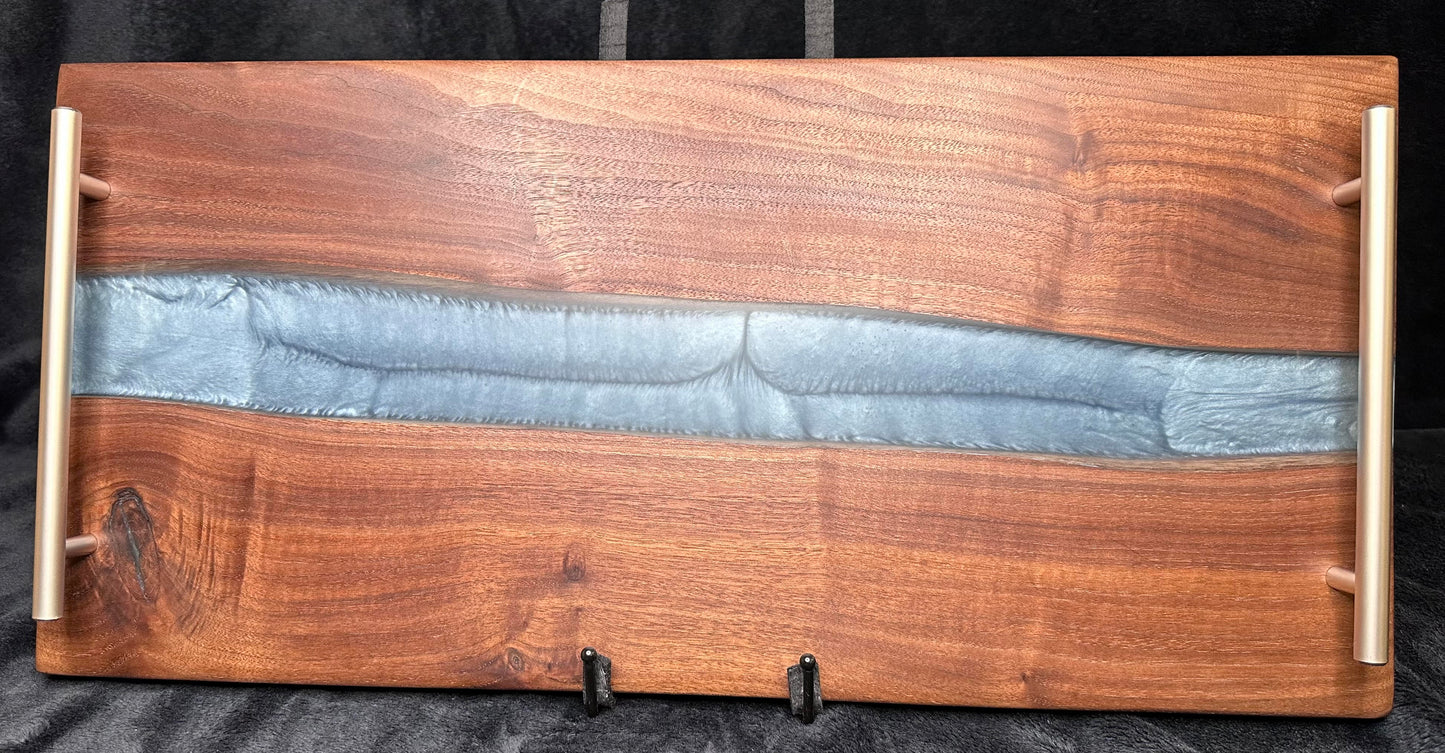 107 - Black Walnut with Silver Blue Epoxy River and Brushed Stainless Handles Charcuterie Board